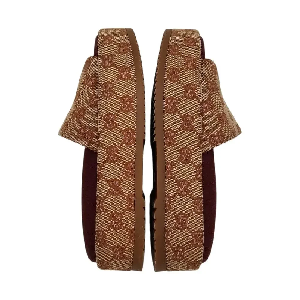 Gucci GG Monogram Angelina Platform Chunky Slide Sandal Size 37 US 7 Brown Beige